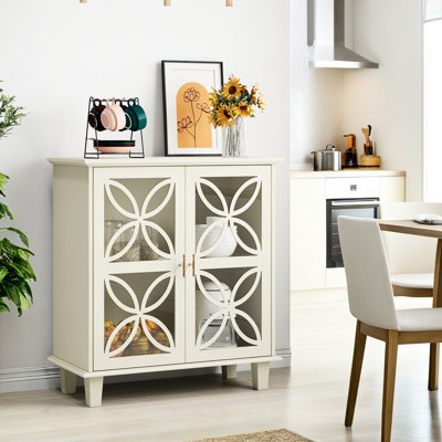 Buffet moderne à 2 portes avec rangement, couleur crème, armoire de salle de bain autoportante de style moderne Mid-Century, portes en verre trempé, base stable