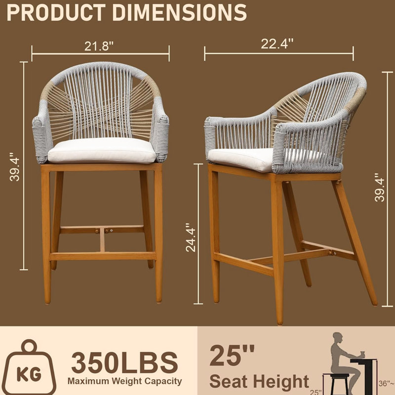 2 Outdoor Bar Stools With Cushion - Arm And Rope, Aluminum Khaki Add Style To Your Patio, Pool, Garden Of 2 Rope Chairs Frame, Modern For Garden, Patio