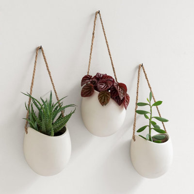 Jardinières murales -Ellie- | Pots de plantes suspendus en céramique 3 pièces | Décoration murale pour l'intérieur, le balcon et le jardin | Crème (mat)