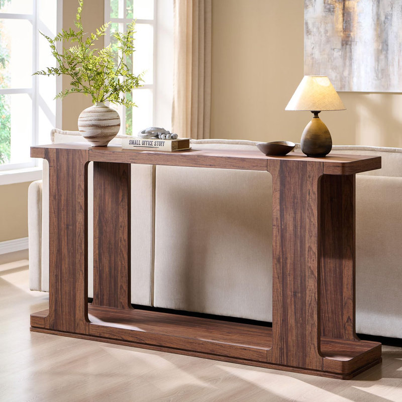 63" Modern Entryway Console Table With Curved Edge & Distinctive Style, Rustic Walnut
