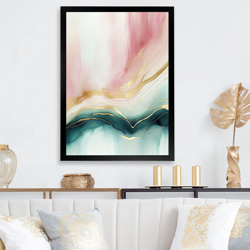Géode abstraite rose et marbre vert II, reproduction sur toile, Impression noire sur toile encadrée