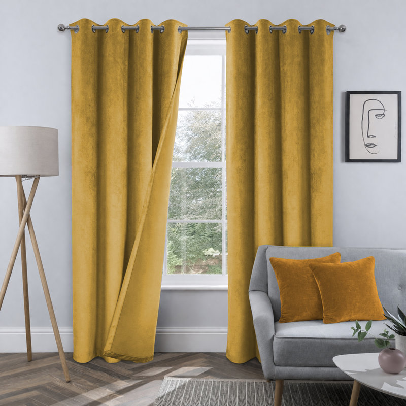 Crushed Velvet Eyelet Curtains with Matching Cushion Covers – Luxury Room Darkening Drapes Set , Ochre