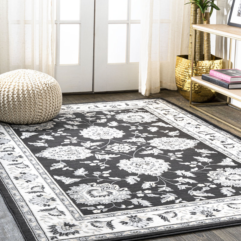 Yeghivart French Cottage Black/Cream Rug, Rectangle 3' x 5'