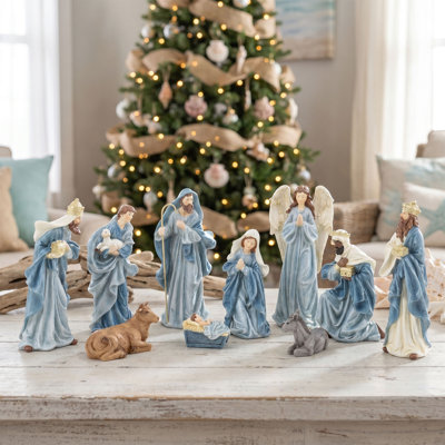 10Pcs Celestial Blue Resin Nativity Figurine Set