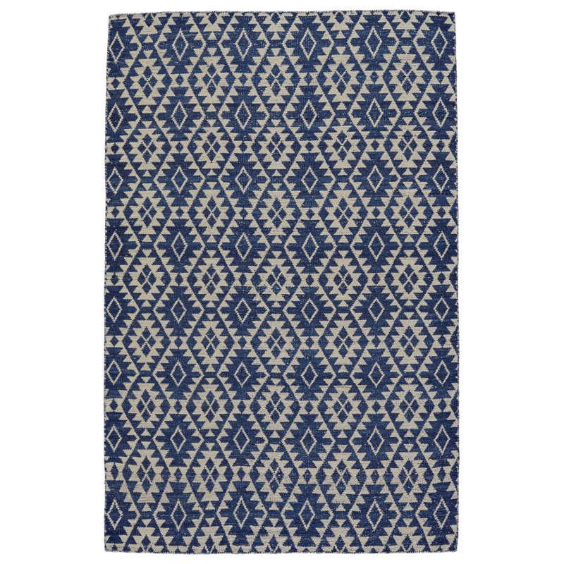 Hallock Geometric Handmade Looped Wool Blue Area Rug, Rectangle 4' x 6'