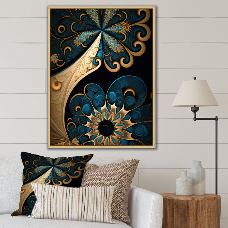 «Fractal Flower» en rétro or et bleu sarcelle foncé sur toile, H 32 po x l 16 po x P 1 po, Cadre naturel flottant