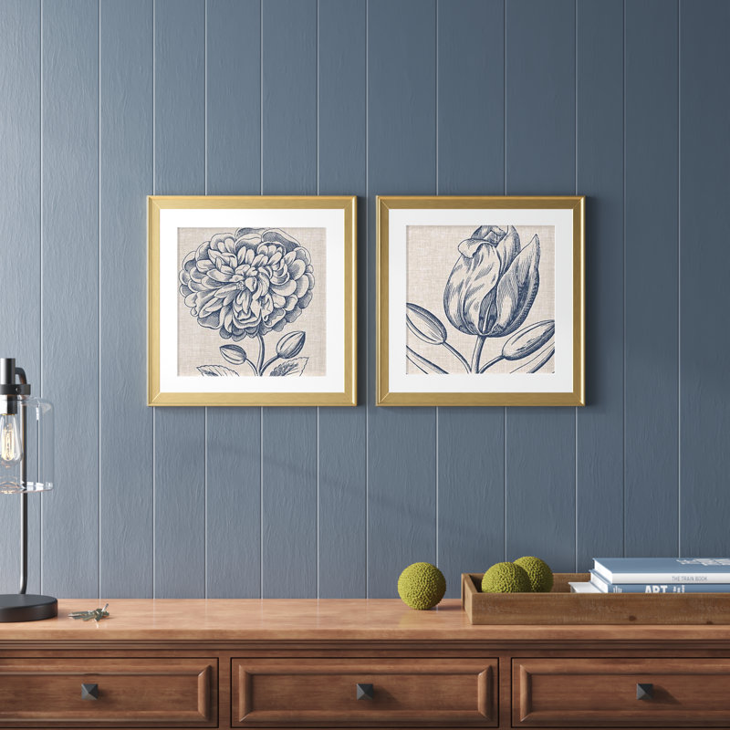" Indigo Floral On Linen III " 2 - Pieces, Framed Print with Mat, Gold, 17.5" H x 35" W