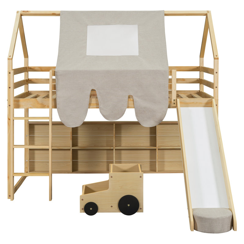 Lit mezzanine en bois simple avec structure en forme de maison avec tente, naturel et beige, Lit simple, Naturel
