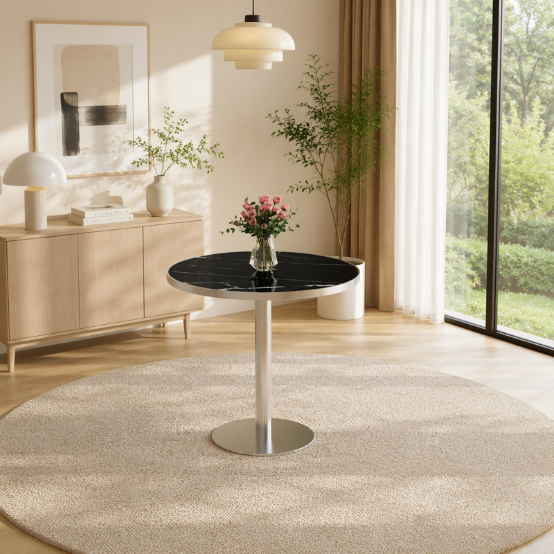 Table de salle à manger ronde avec tulipes modernes, plateau de table en pierre frittée avec impression de faux marbre de luxe, base en acier inoxydable, surface imperméable et résistante aux rayures et à l'usure, idéale pour une utilisation intérieure et extérieure