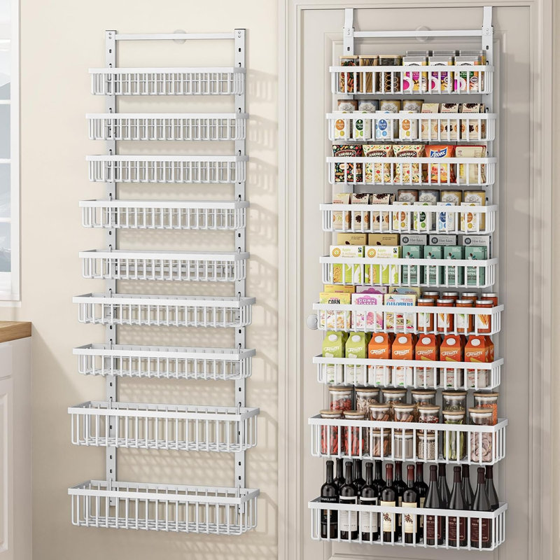Organisateur de garde-manger à 9 niveaux au-dessus de la porte, support à épices mural ou suspendu 2 en 1 avec panier profond réglable, organisateur d'assaisonnements robuste et rangement
