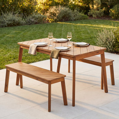 Ensemble de salle à manger de patio en bois d'acacia pour 4 personnes pour l'extérieur et l'intérieur, avec 2 bancs