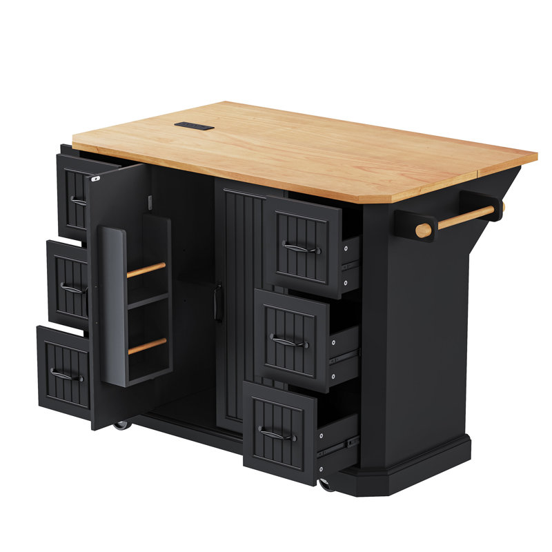 56" Rolling Kitchen Island With Drop Leaf, Rubber Wood, Power Outlet, 4 Doors & 6 Drawers, Black, Black