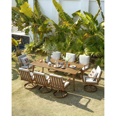 Ensemble repas d'extérieur en aluminium, chaises pivotantes et table avec trou pour parasol Seehill