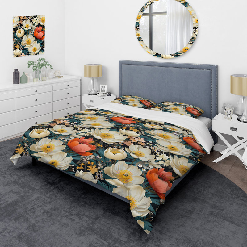Ensemble de housse de couette à motif floral blanc et corail, Housse de couette pour grand lit et 2 taies décor