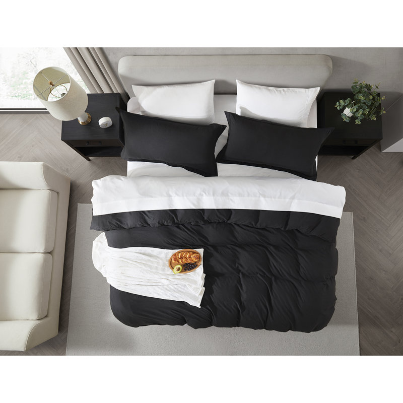 Ensemble de housse de couette prélavé, Noir, Housse de couette double et 2 taies décoratives s