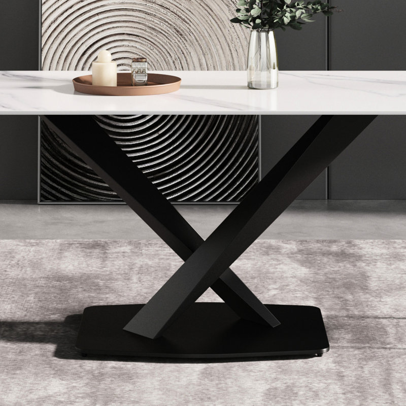 63-inch Modern White Sintered Stone Rectangular Dining Table With Black Metal - Accommodates 6 People 6 63" Secure