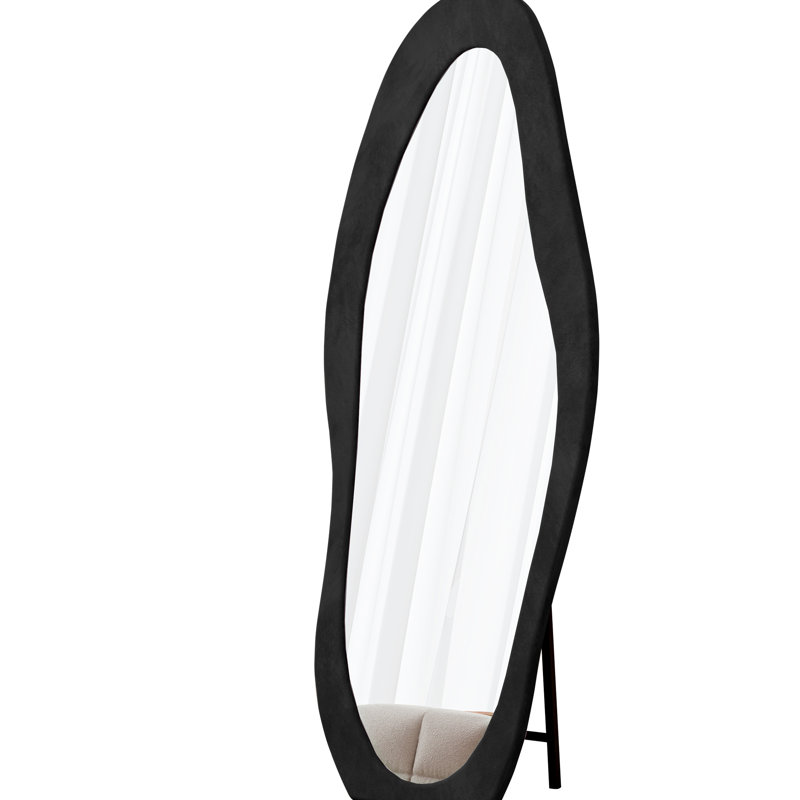 63" X 24" Full Body Mirror, Flannel - Wrapped Frame, Unique Irregular Shape, Black, Shatterproof For Dressing Room Decorating Large 63"X24" Length Wavy Design, Wall Or Floor Placement,