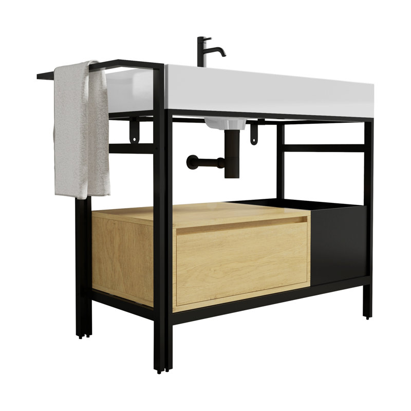 Meuble-lavabo de style industriel avec structure en métal, Black Oak/White
