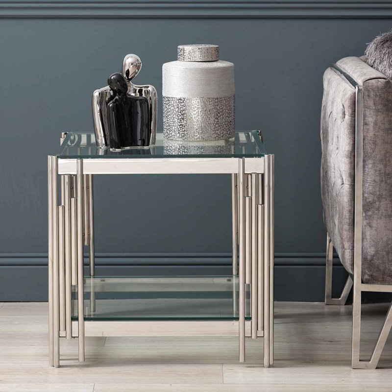 Bruzios 55cm Sofa Side Table for Living Room Furniture, Glass and Metal End Table, Chrome