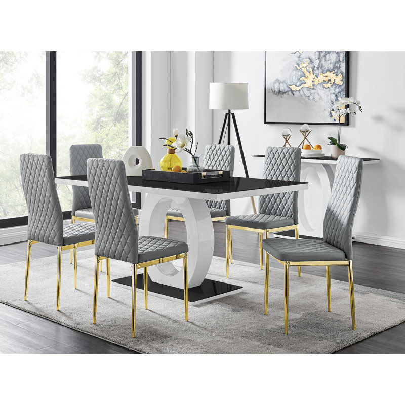Scottsmoor Modern High Gloss Halo 6 Seater Dining Table Set with Luxury Faux Leather Dining Chairs, Gray