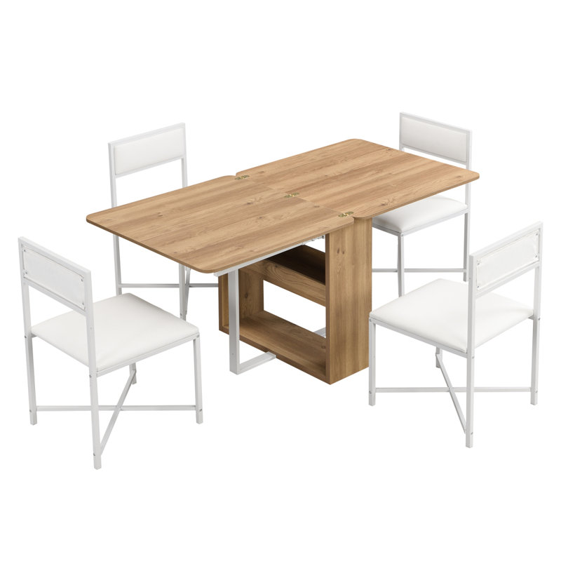 Ensemble de table de salle à manger extensible et compacte 63 pouces 5 pièces TopMAX, Blanc, Naturel / Blanc