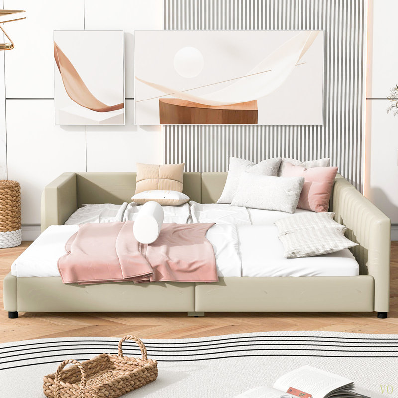 Lit plateforme tapissier grand et simple TG, lit mère et enfant, similicuir, Beige