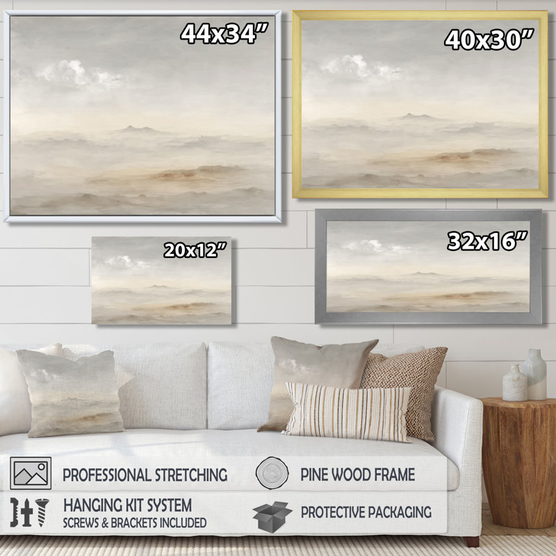 «White Grey Mist Sunrise Morning Clouds - Landscape», reproduction d'art sur toile encadrée, art abstrait blanc, Noir