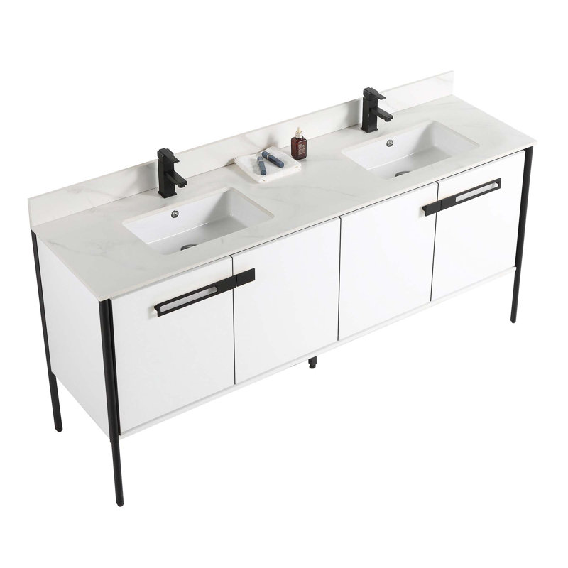 72 Double Bathroom Vanity, Matte Black, White Matte