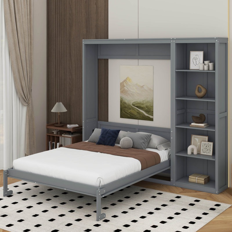 Grand lit escamotable avec tablettes, Gris