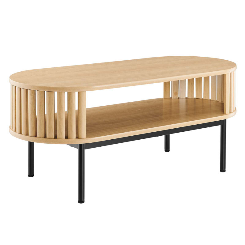 Oak Oval Wood Coffee Table with Black Metal Legs
