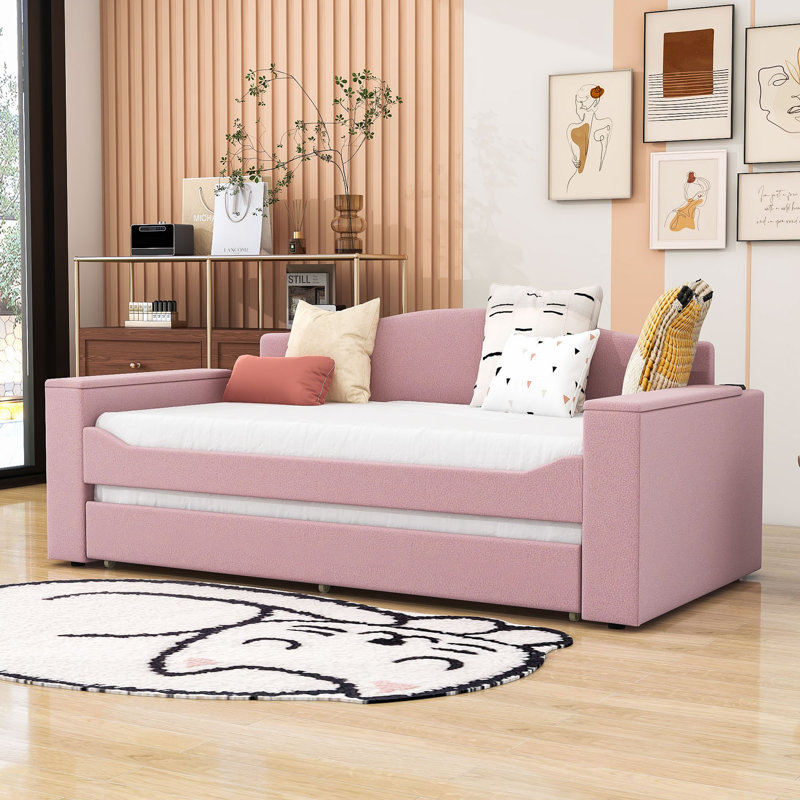 Heorhi Upholstered Daybed with Twin Size Trundle, Pink, Twin