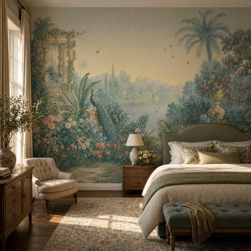 Papier peint mural rétro avec paysage romantique jardin pastel, 200"x120", Non-Woven Nonpasted