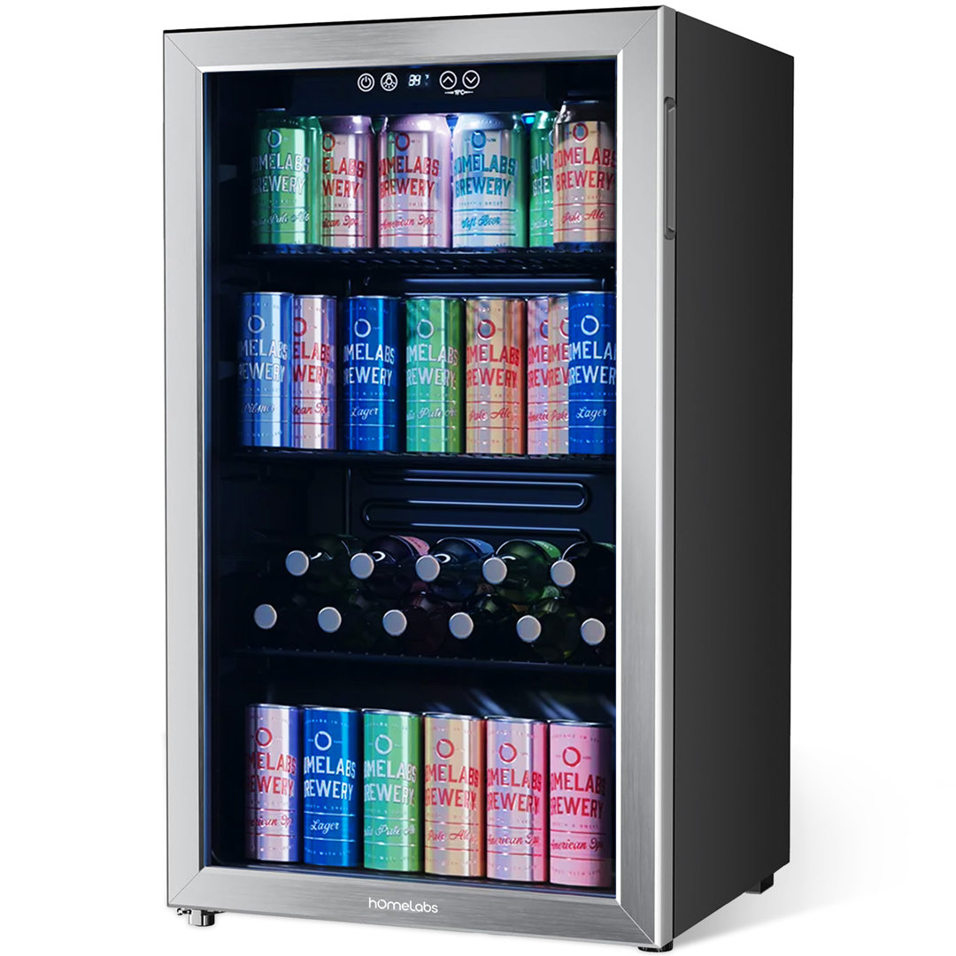 hOmeLabs Beverage Refrigerator and Cooler - Glass Door Mini Fridge with 120 Slim Cans Capacity hOmeLabs