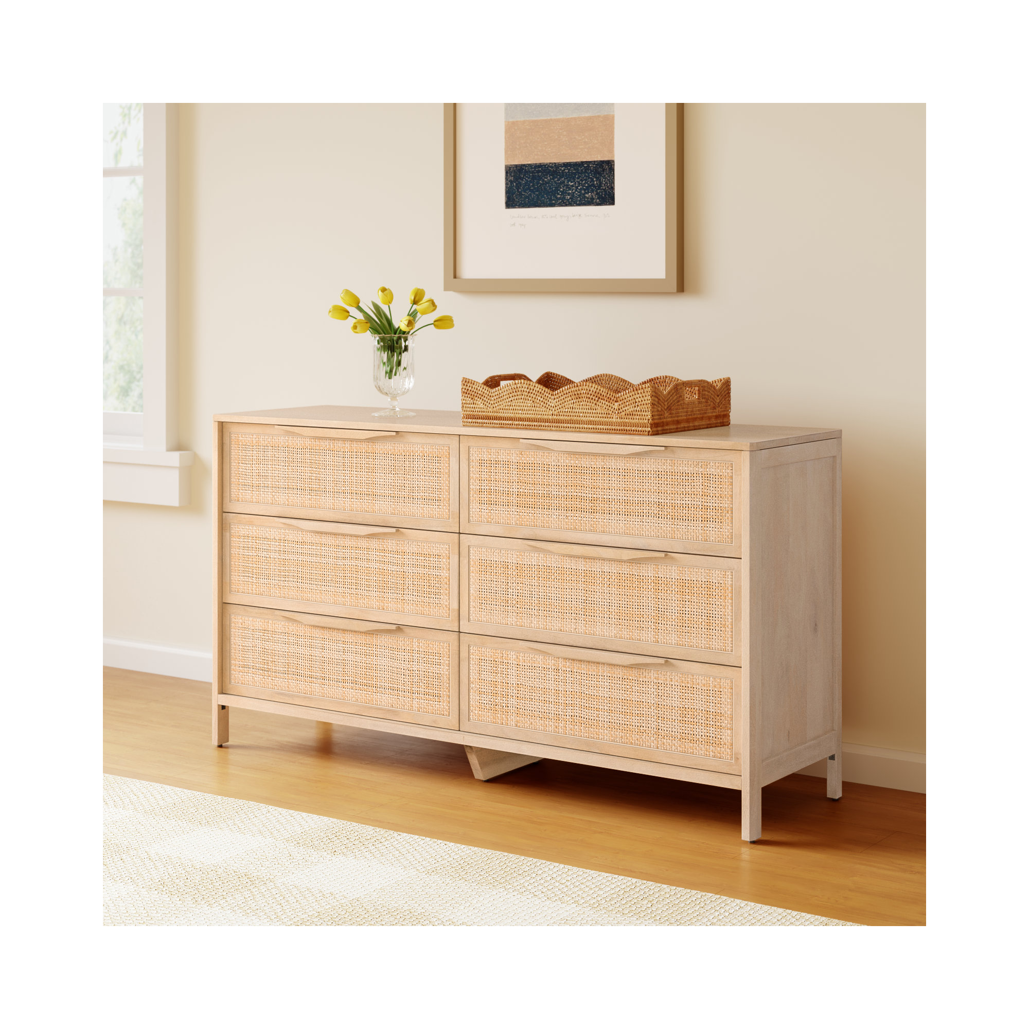 Nellie 6 Drawer Cane Dresser, Beige