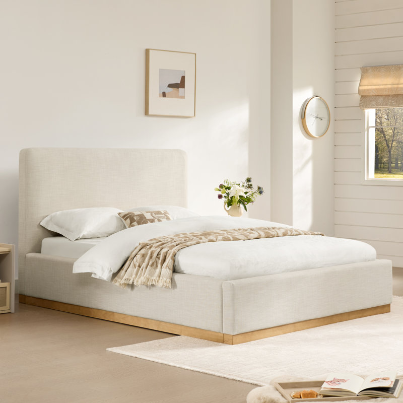 Delpha Grounded Upholstered Wood Base Bed, Queen, Effie Linen Performance Linen