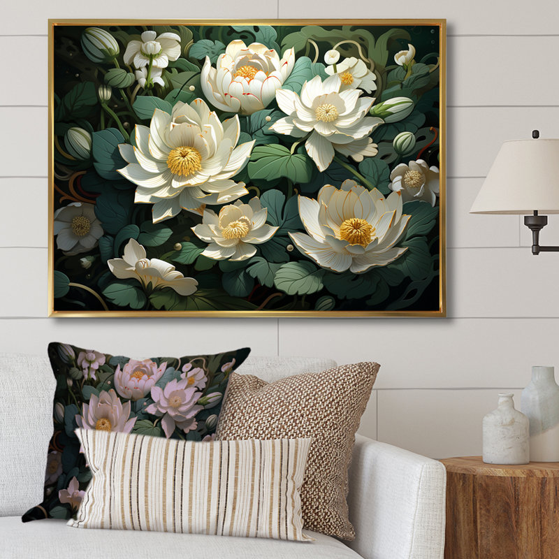 Fleurs de lotus méticuleusement rendues - reproduction sur toile, Cadre flottant doré, H 30 po x l 40 po x P 1,5 po