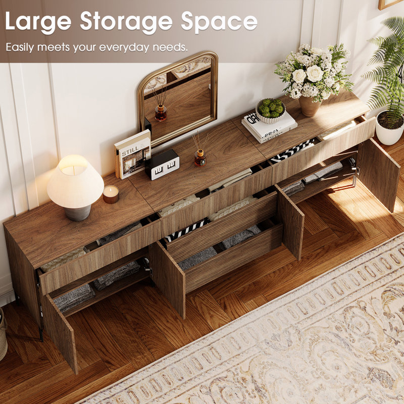 94.5" Modern Reeded Minimalist Sideboard With Doors And Drawers, 3-In-1 Wooden Credenza Storage Cabinet For Kitchen, Dining Room