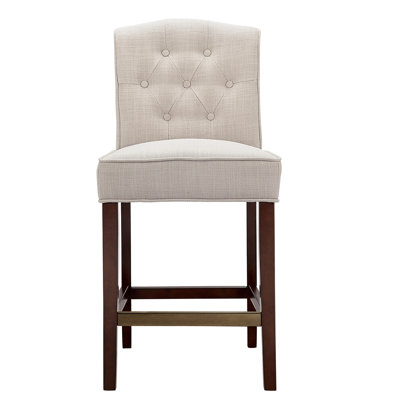 Tabouret de comptoir - Revêtement brun clair tendance, bois, dossier à boutons, plaque de protection en bronze, pieds d'assemblage en bois de 26 po requis, outils inclus