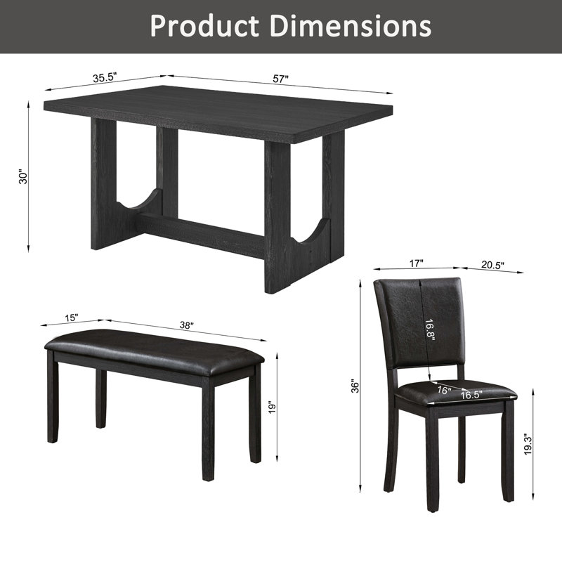 Ensemble de table de salle à manger 6 pièces avec 4 chaises rembourrées et banc, Dark Brown