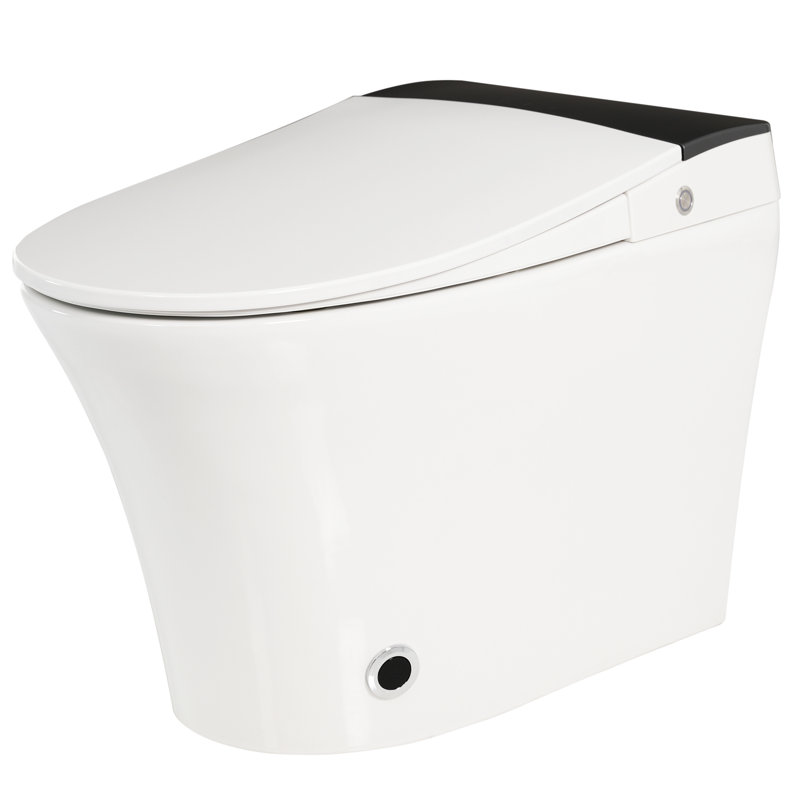 Toilette intelligente à siège chauffant, toilette monobloc avec chasse d'eau automatique, sans bidet, capteur de pied bleu nuit, commande à bouton, configuration de chasse d'eau en cas de panne de courant, couvercle à fermeture douce, agencement de salle de bain blanc