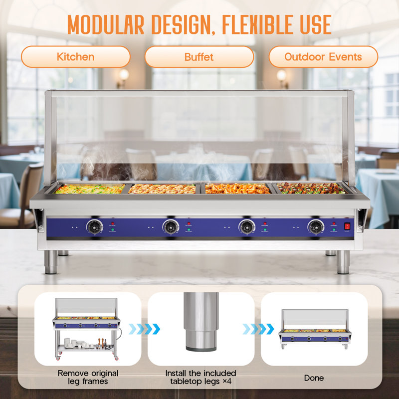 Chauffe-plat commercial à 4 plaques de 96 pte, serveur buffet en acier inoxydable 1800 W avec commandes de température indépendantes, bouclier en acrylique, tablette inférieure, roues, pinces à nourriture, 110 V