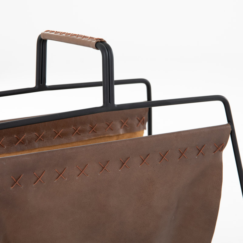 Black Metal Freestanding Magazine Rack with Brown Leather Slings