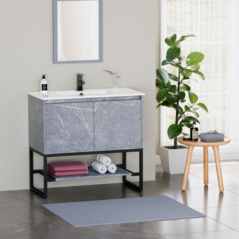 Azai 36" Single Bathroom Vanity Set with Sink Top, Faucet, Metal Frame with Open Shelf, Gray