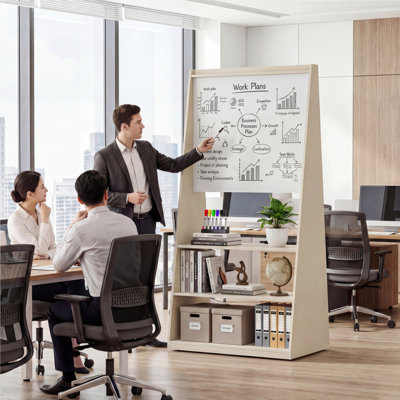 Okeysen - Tableau blanc triangulaire mobile à double face et babillard avec 3 tablettes 75,2 po