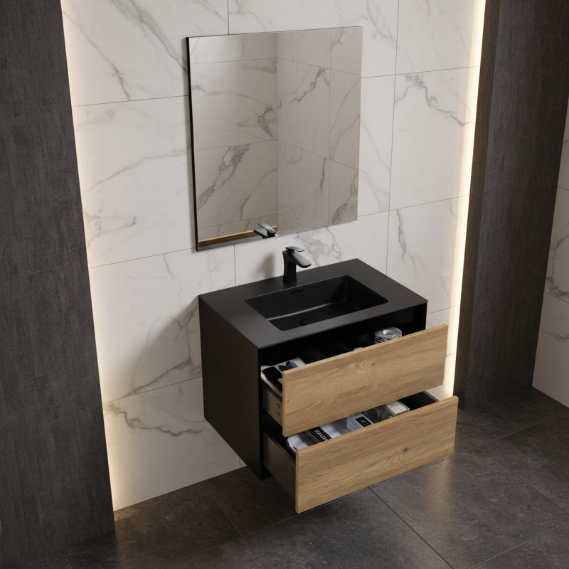 Danyall 30 po L x 19 po P 2 tiroirs Meuble-lavabo avec évier simple et Comptoir en Quartz noir d'ingénierie