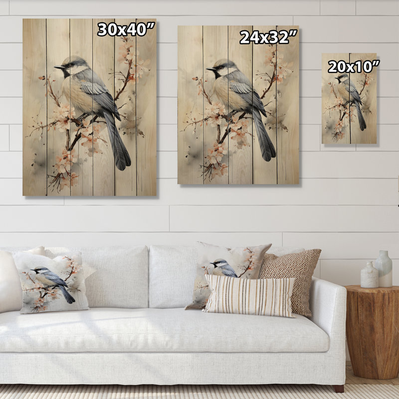 Art asiatique, oiseau Sumi II sur bois, H 40 po x l 30 po x P 0,78 po