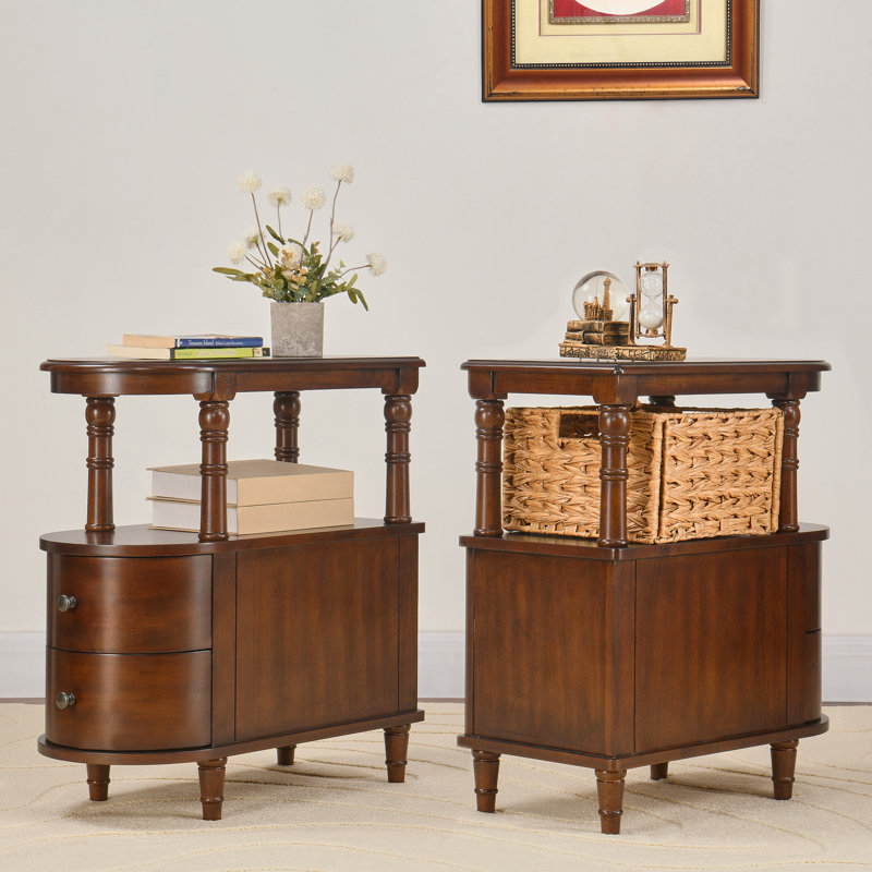 Wexford Collection Mid-Century Modern Wood End Table with Drawers and Storage, Narrow Rectangular Side Table for Living Room, Bedroom and Small Spaces Set of 2