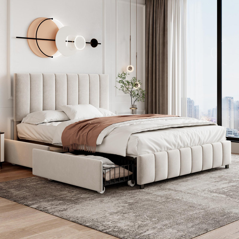 Andros Upholstered Double (4'6) Bed Frame, Beige