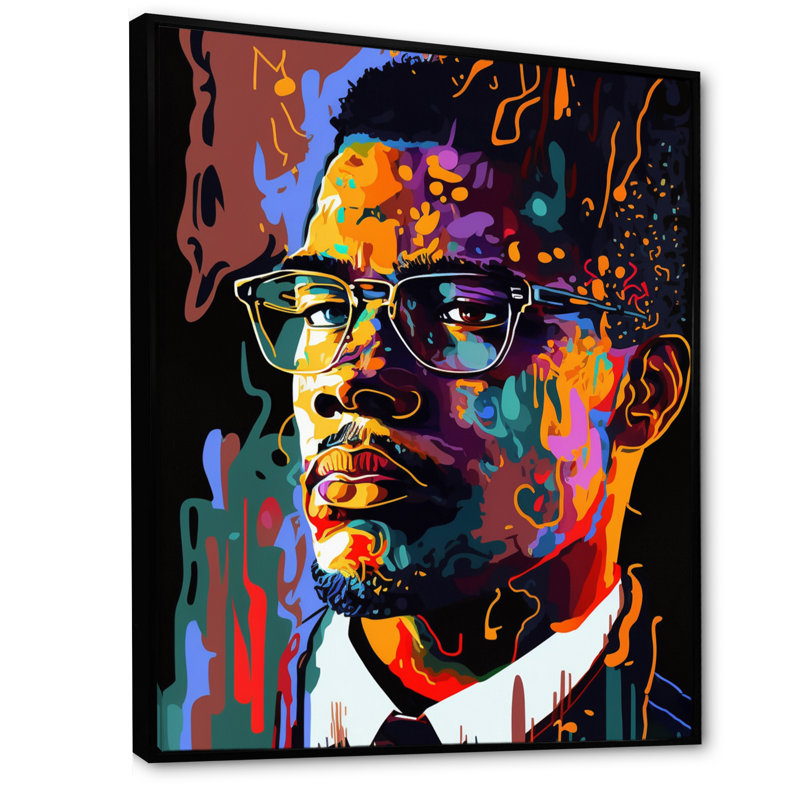 Malcolm X Illustration I - art mural célébrité pour le salon, H 32 po x l 16 po x P 1 po, Cadre flottant noir