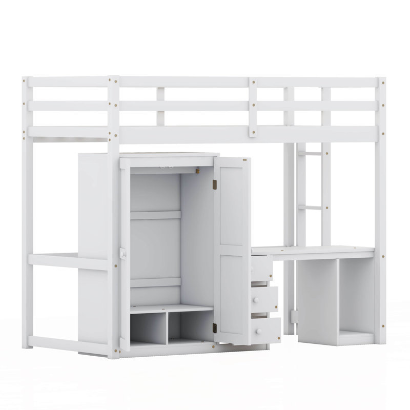  Lit mezzanine Jhoshua avec garde-robe, bureau et tiroirs de rangement, Lit simple, Blanc